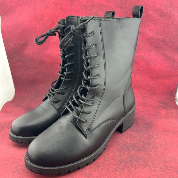 SHELN COMBAT BOOTS LUG SOLE BLACK, MID-CALF, LACE-UP, ZIPPER, BLOCK HEEL, SIZE 9 - Picture 6 of 11